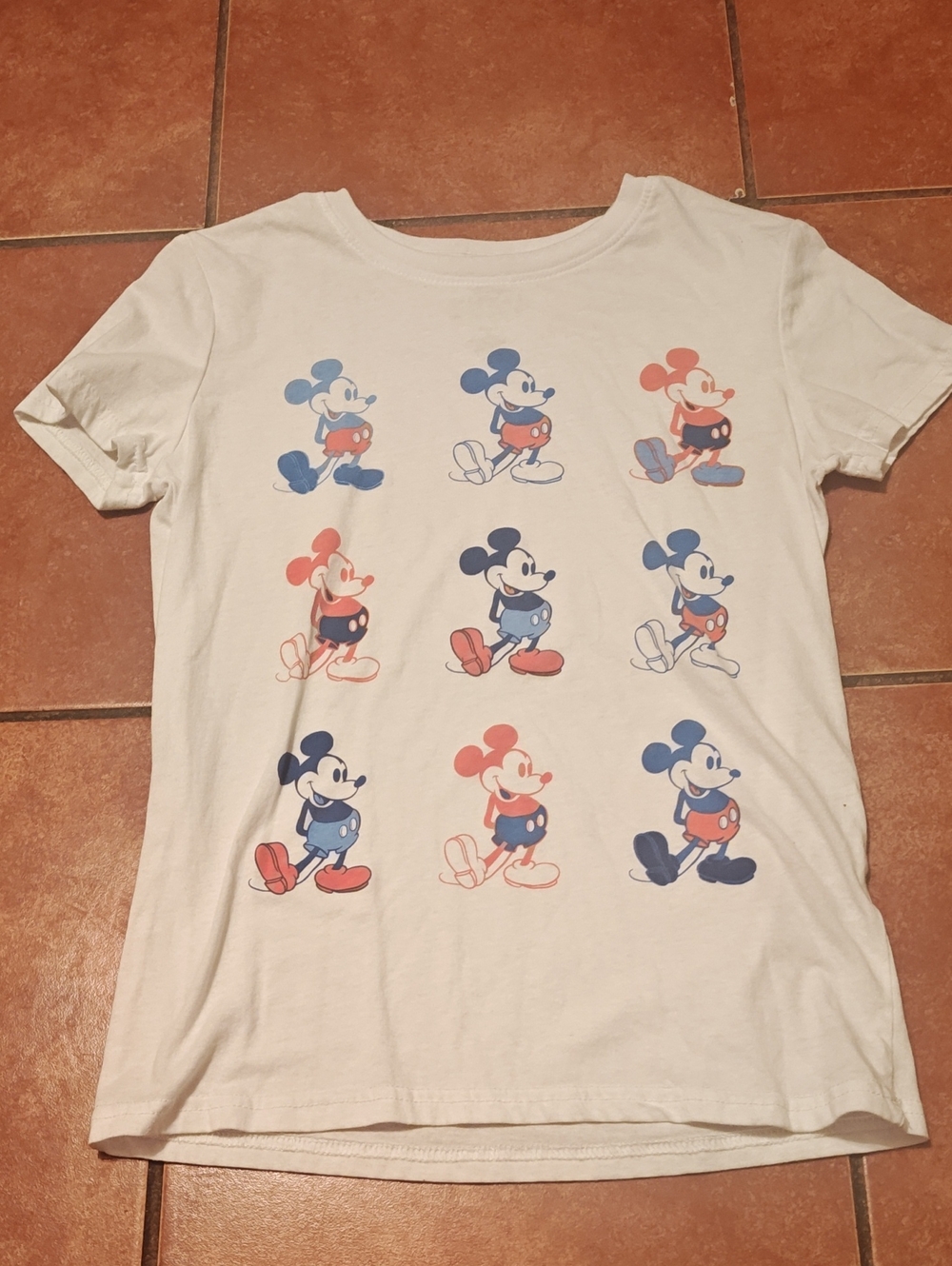 Disney White Tee with Red and Blue Mickey Mouse Grid